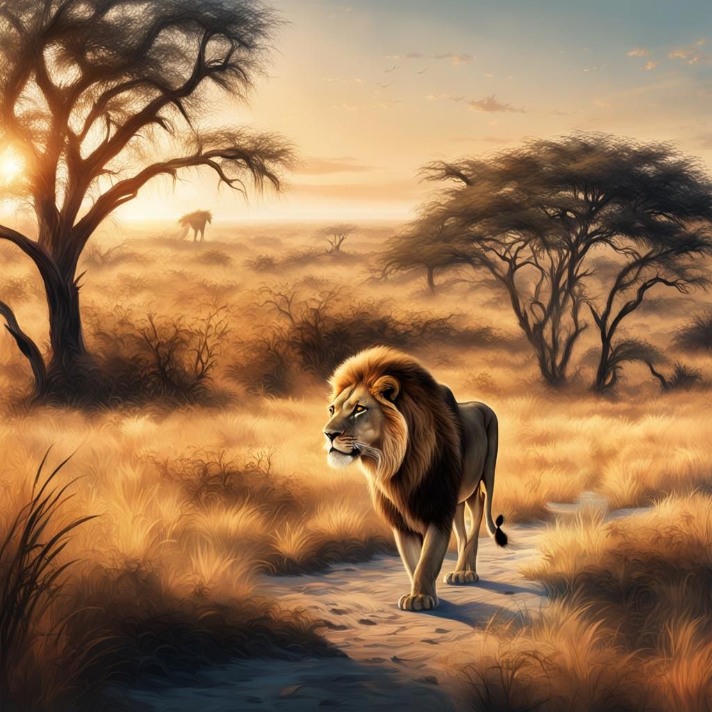 Transparent Lion in Surreal Savannah Landscape