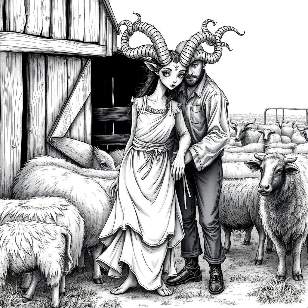Feminine Monster Assists Farmer in Whimsical Black and White...