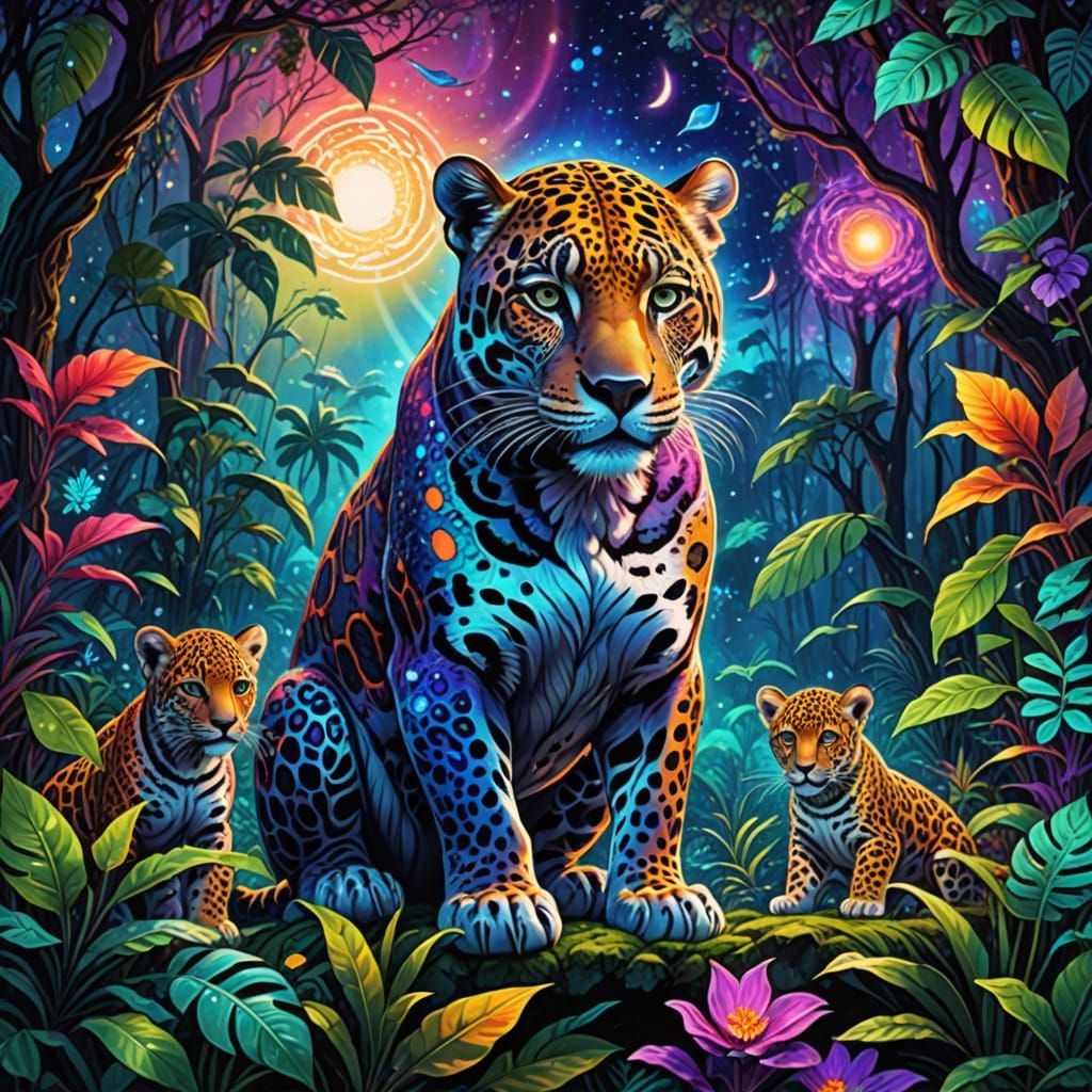 Jaguar Mother and Cubs in Cosmic Jungle