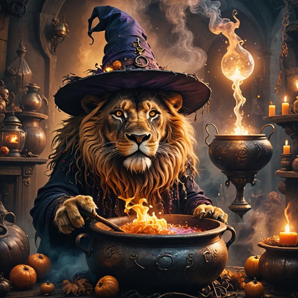 Lion Witch Brewing Potion, Fantasy Concept Art