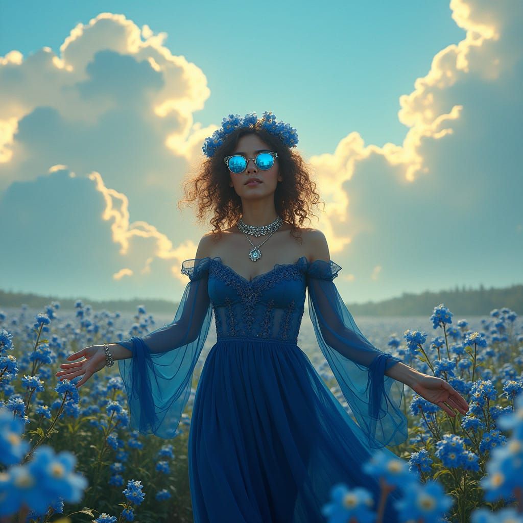 Ethereal Goddess in Blue Wildflowers