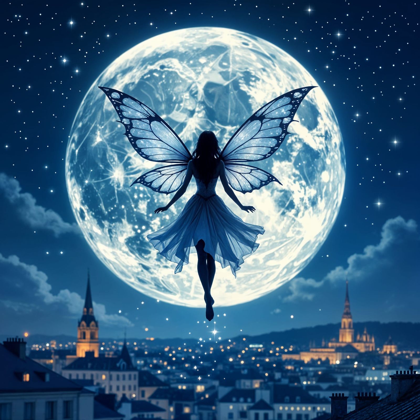 Lunar Fairy Soaring Over Night City, in Surreal Style