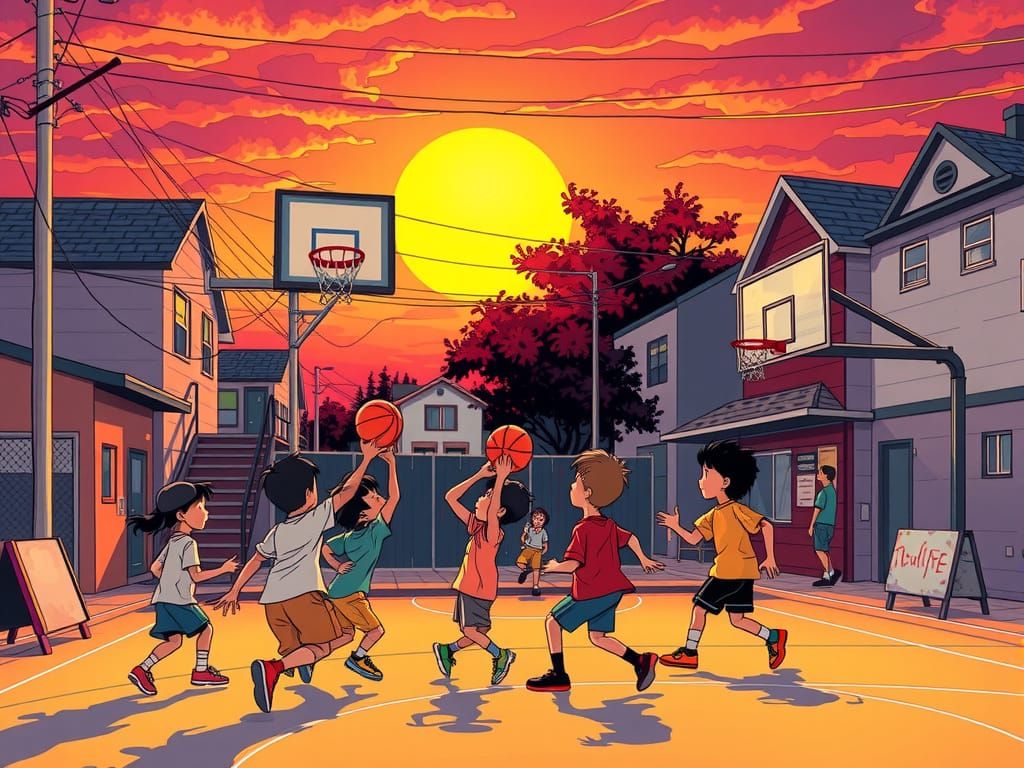 Sunset Basketball Game in Retro Cartoon Style