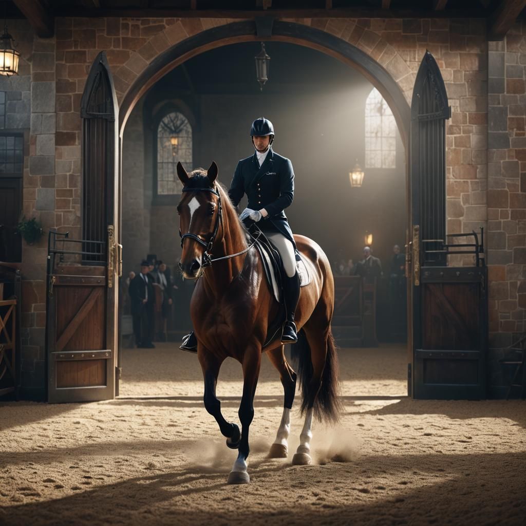 Powerful Dressage Horse Enters Arena in Fantasy Art