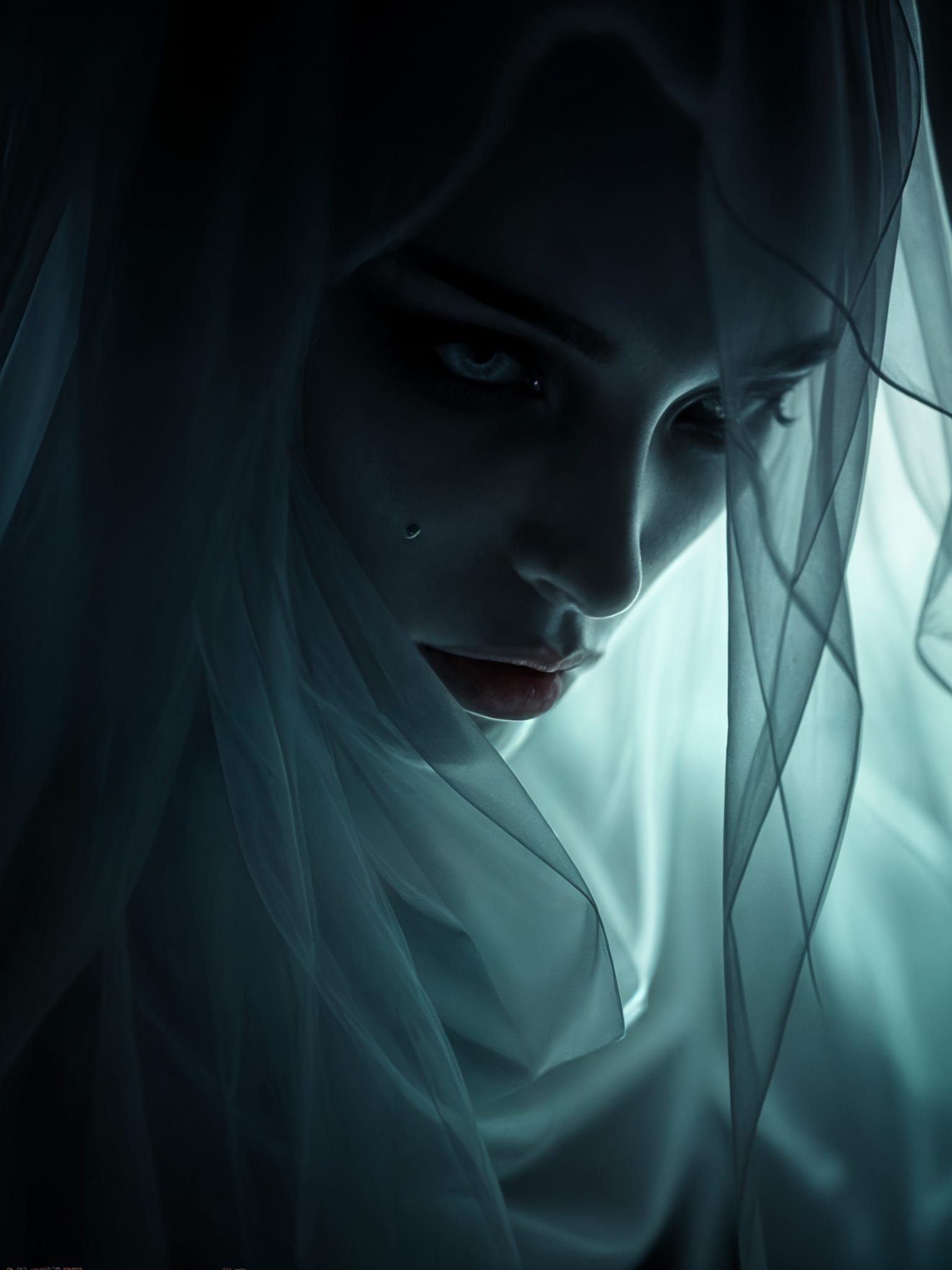 Cinematic dark fantasy portrait by Satori Canton. Medium shot. Lonely wraith queen, shrouded in eerie luminescence, undu...