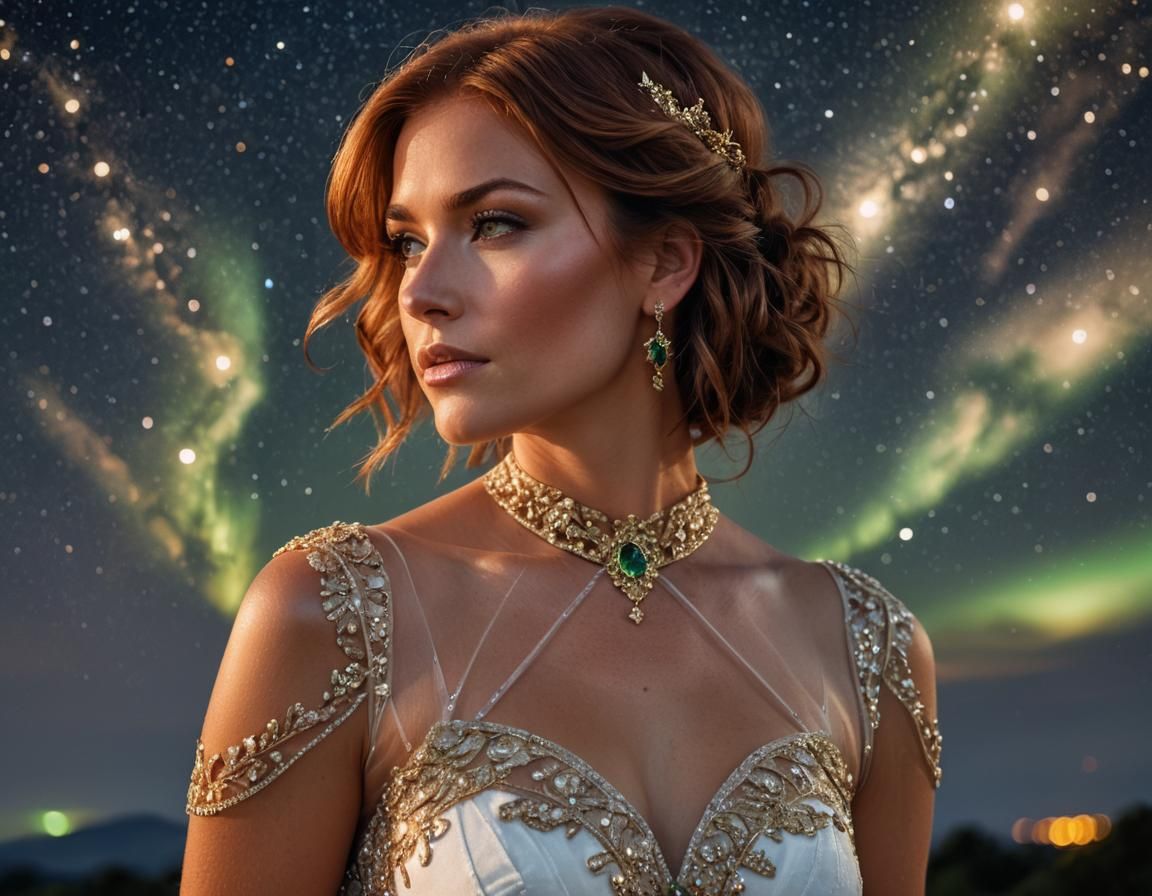 Woman in Glass Dress Against Night Sky