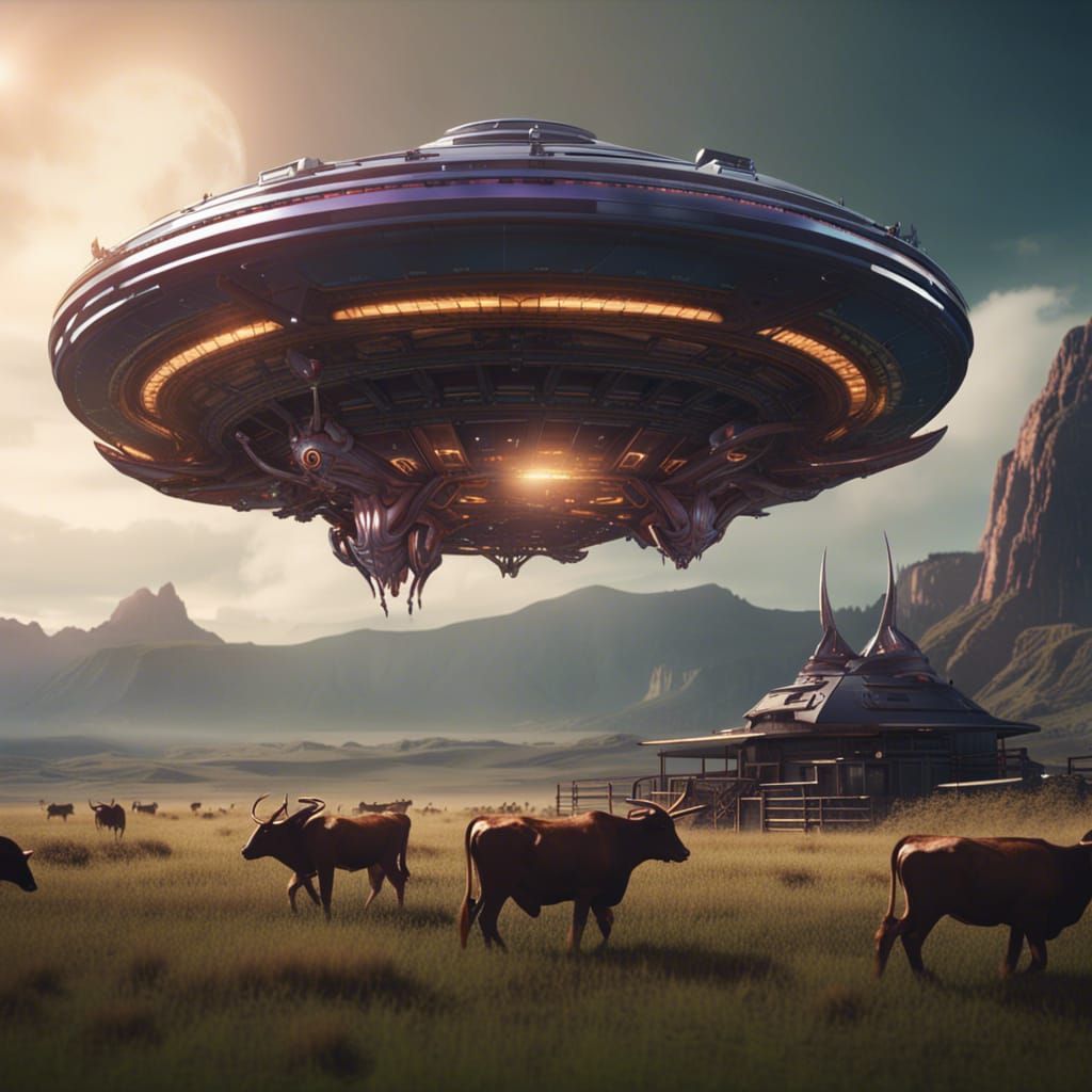 Alien Spacecraft Over Cattle Ranch in Detailed Matte Paintin...