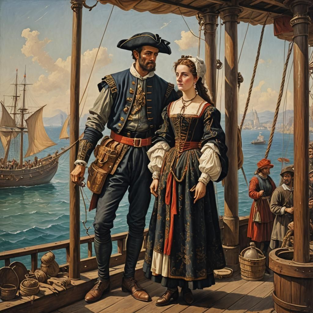 Italian Couple Sailing, 1500s Oil Painting