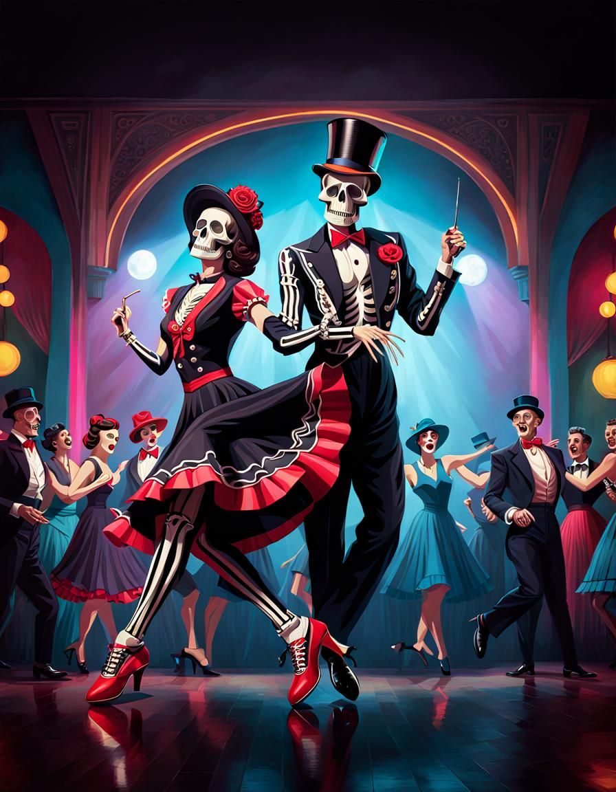Rockabilly Skeleton Tap Dancing in Ballroom, Matte Painting