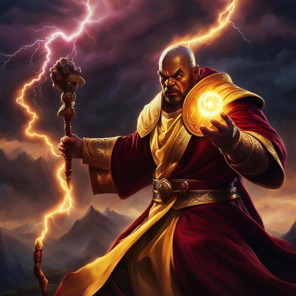 Mage Casts Lightning at Ogre in Fantasy Landscape