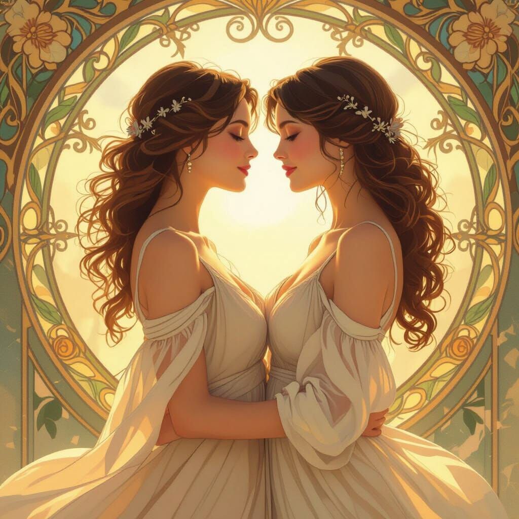 Romantic Woman in Flowing Dress, Art Nouveau Style