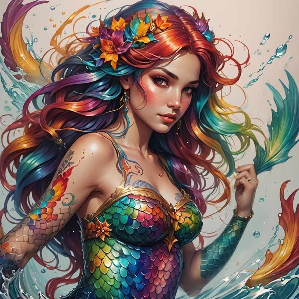 Rainbow Mermaid Tattoo in Traditional Style