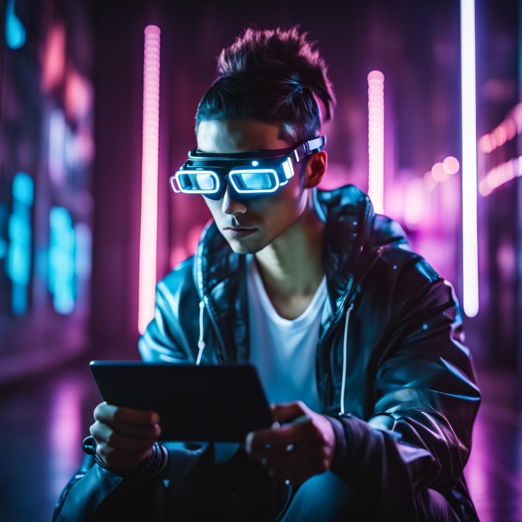 Cyberpunk Nerd Browsing Social Media with Futuristic Goggles