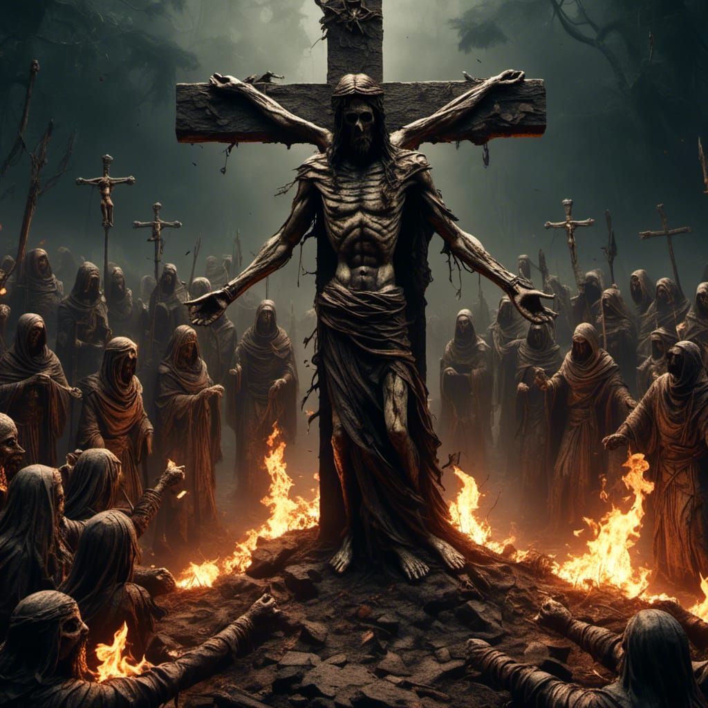 Sinister Undead Horde Burning a Figure on Cross