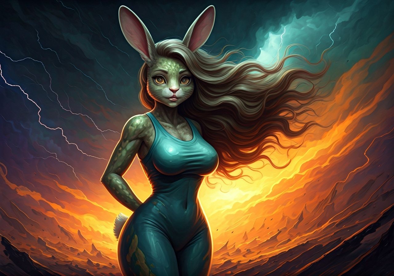 Hyperrealistic Chimera Woman Rabbit Frog Hybrid Oil Painting