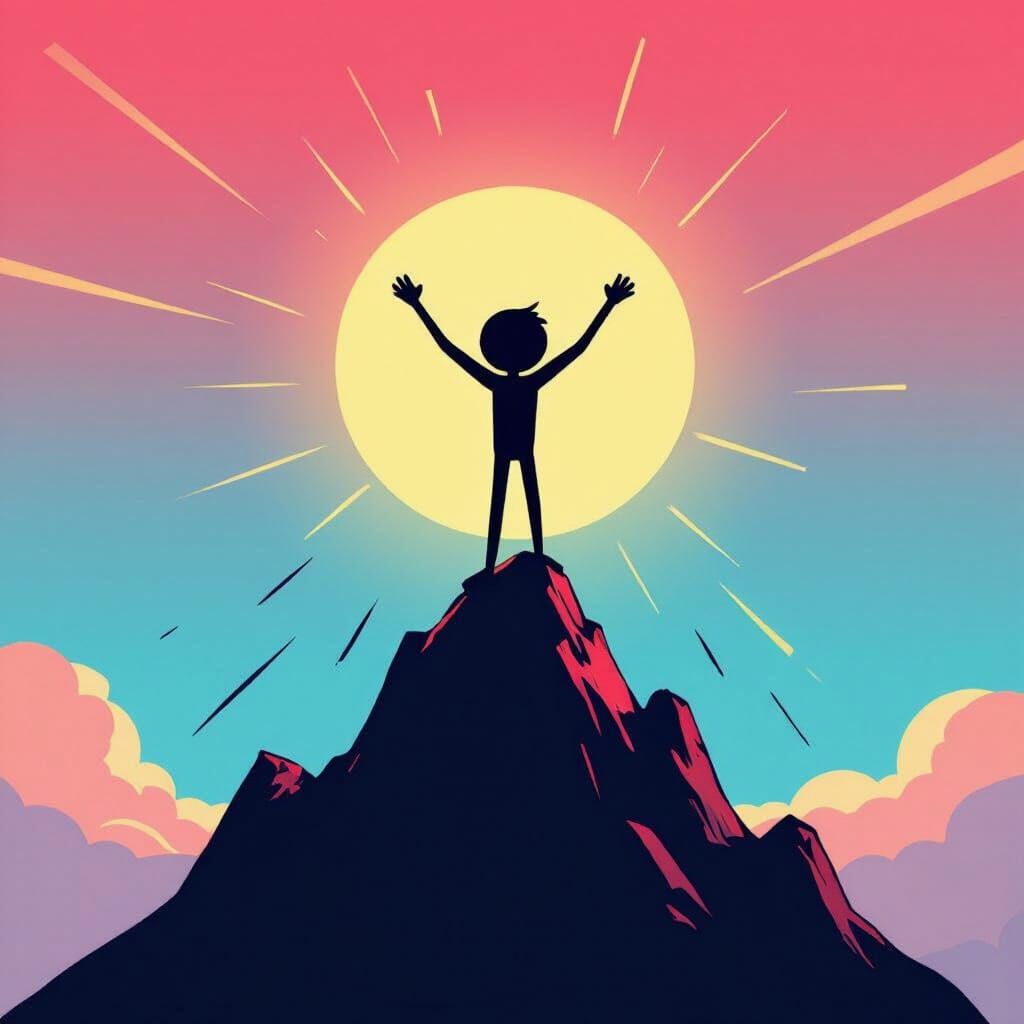 Stickman Victory Pose at Sunset in 2D Animation Style