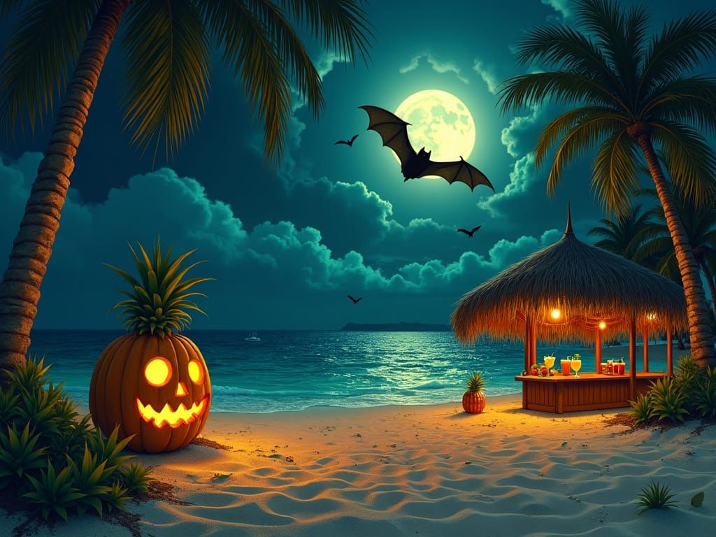Tropical Beach at Night in Mystical Style