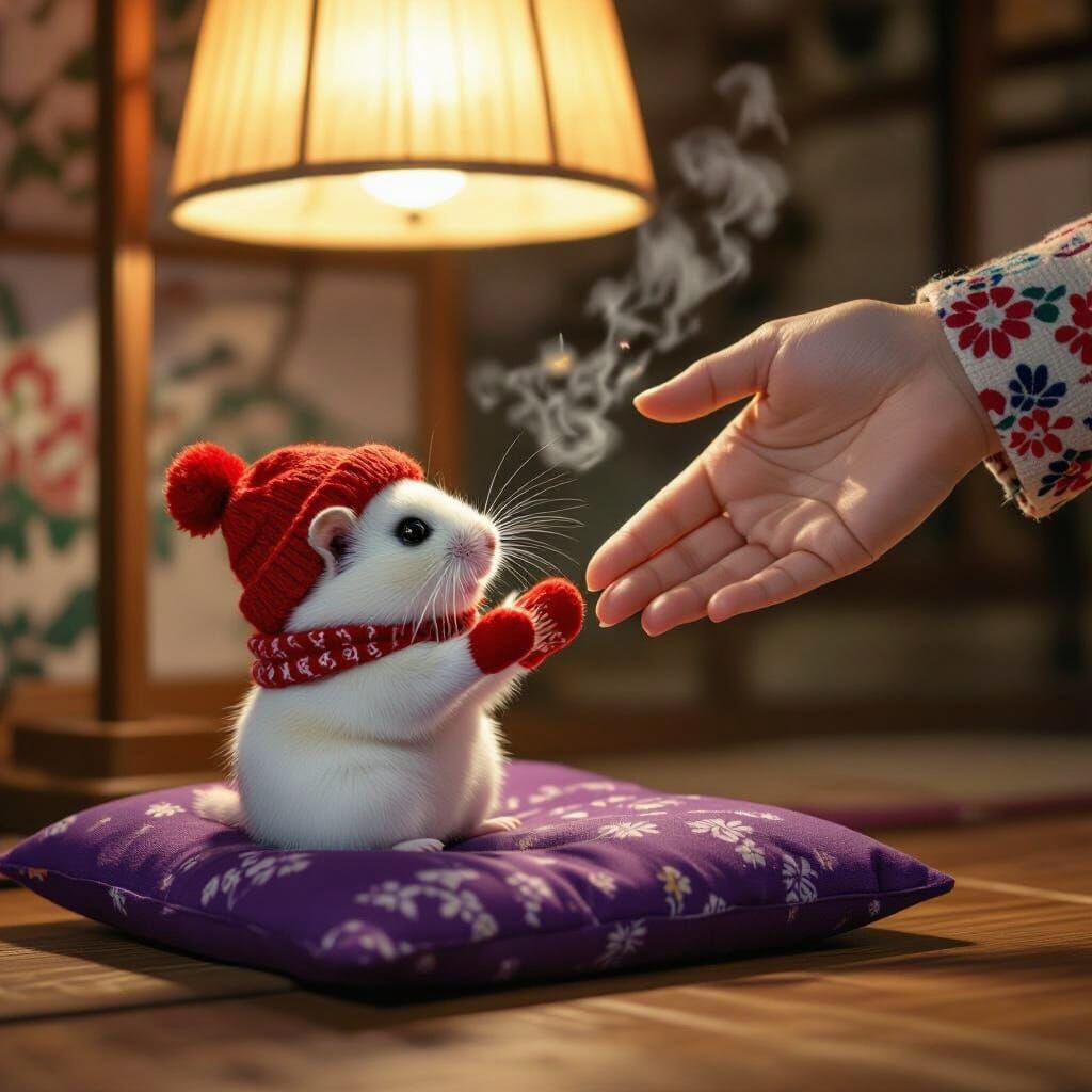 Hamster in Mittens with Japanese Decor, Murakami Style