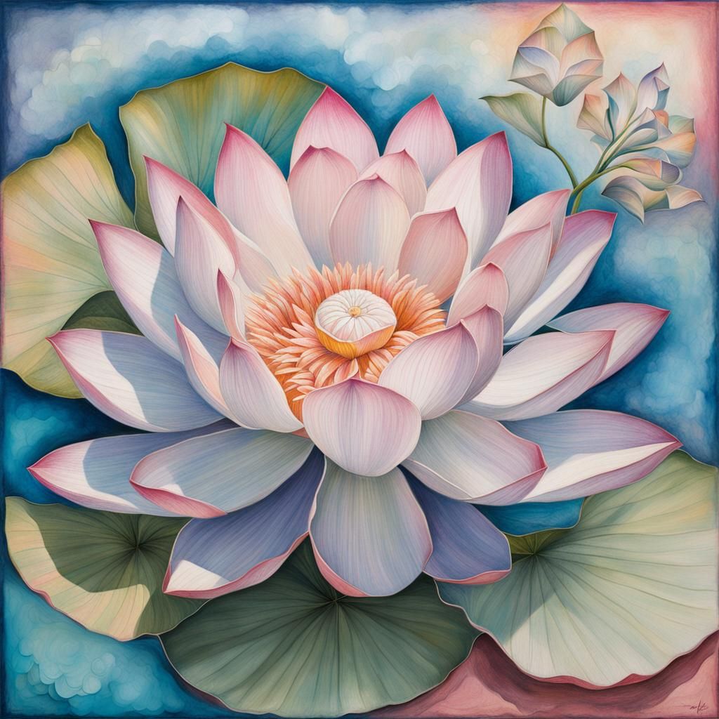 Lotus Flower in Pastel Pencils, Mixed Media Collage