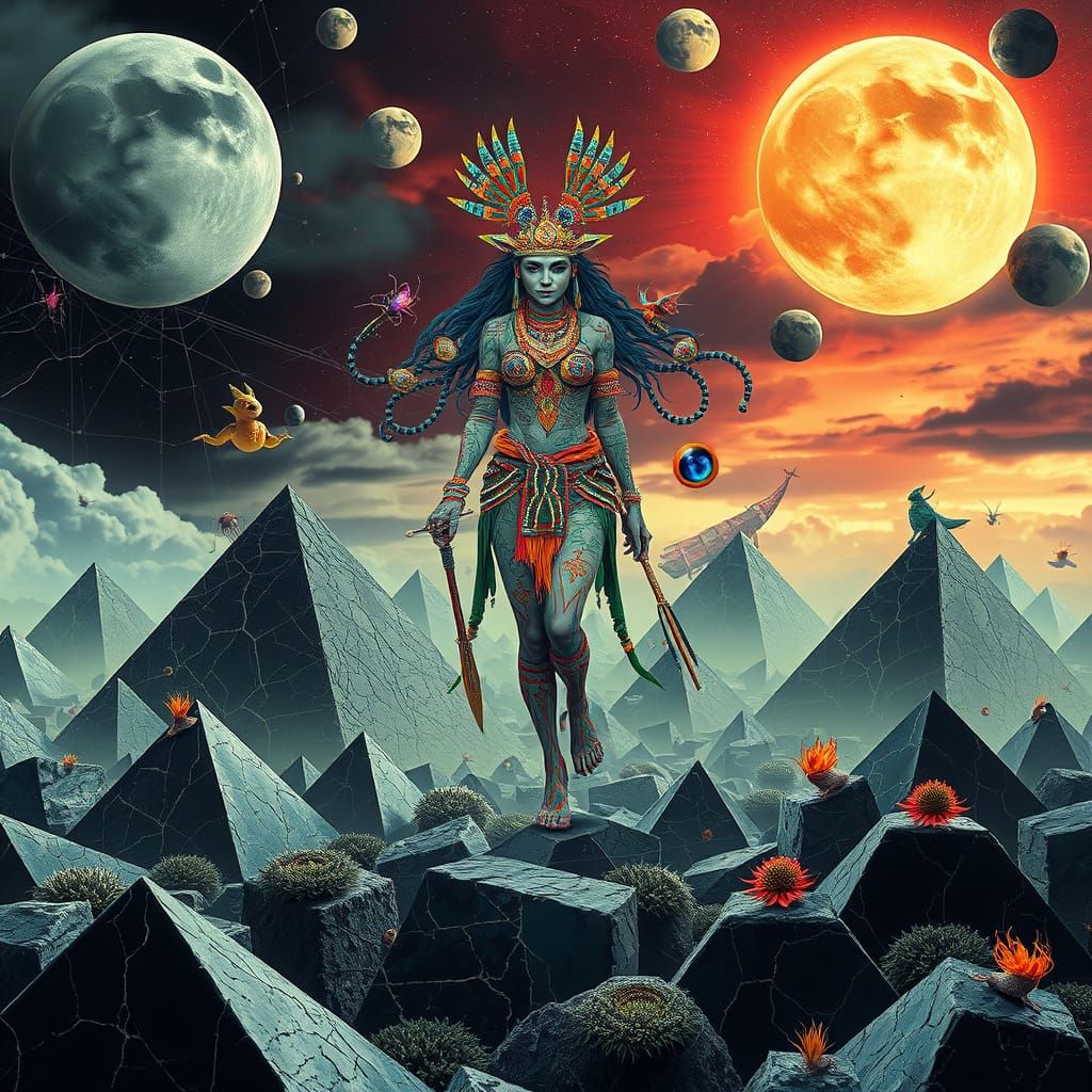 Surreal Goddess Emerges from Tribal Collage Landscape