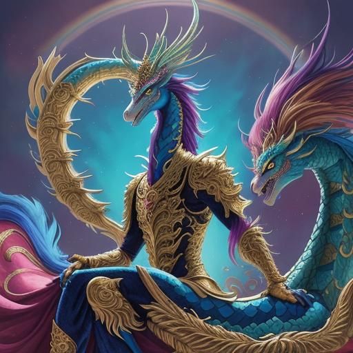 Rainbow Dragon Serpent Portrait in Gouache Style