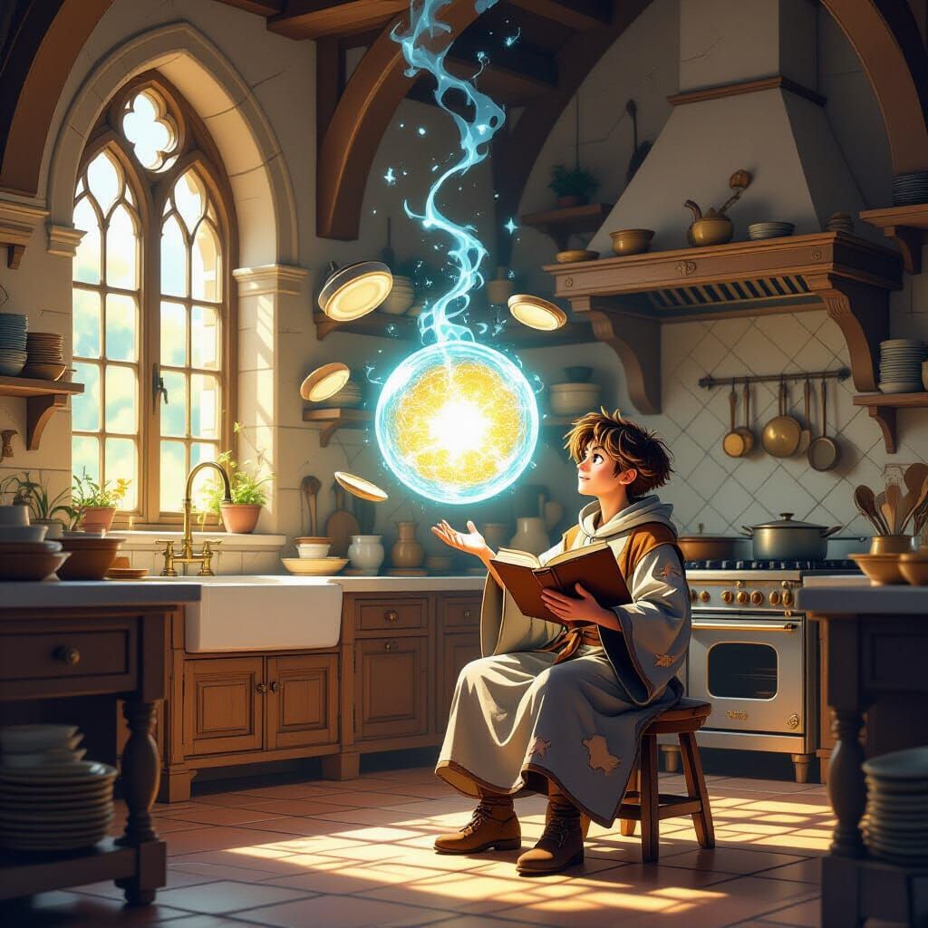 Whimsical Fantasy Apprentice Cleans Castle Kitchen with Magi...
