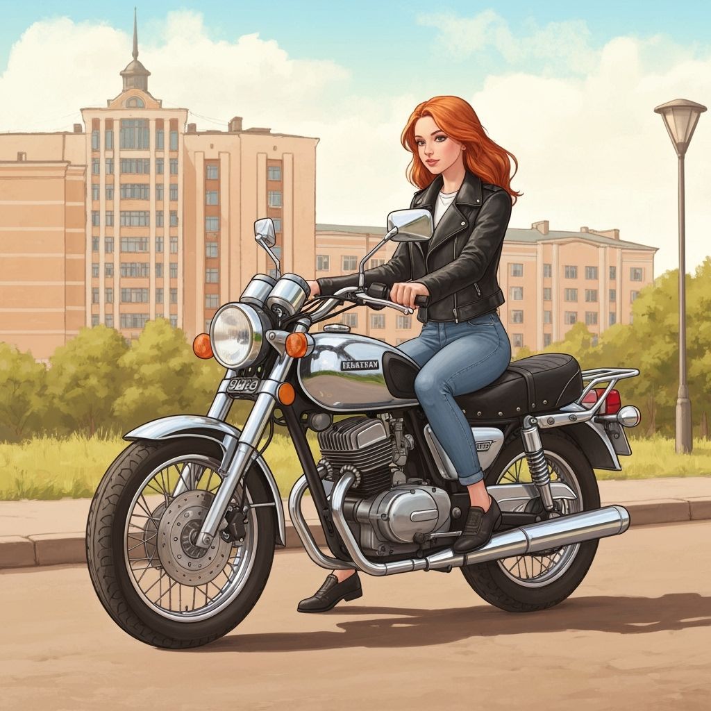 Girl on Izh Motorcycle in Retro-Futuristic Cityscape