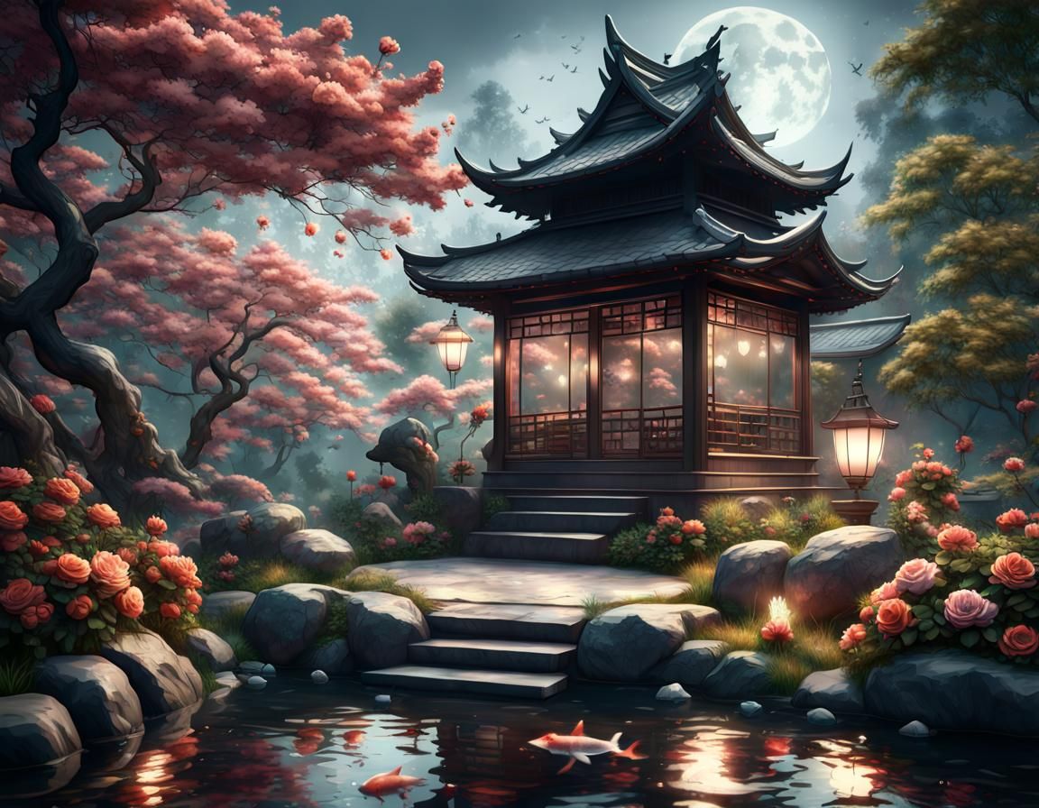 Gothic Victorian Zen Garden Under Blood Moon