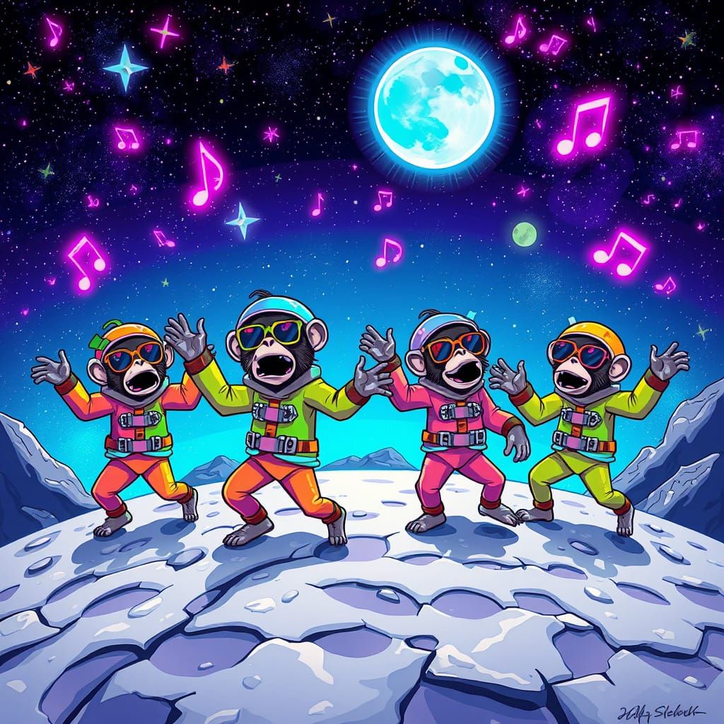 Vibrant Moon Dance Party in Bold Cartoon Style