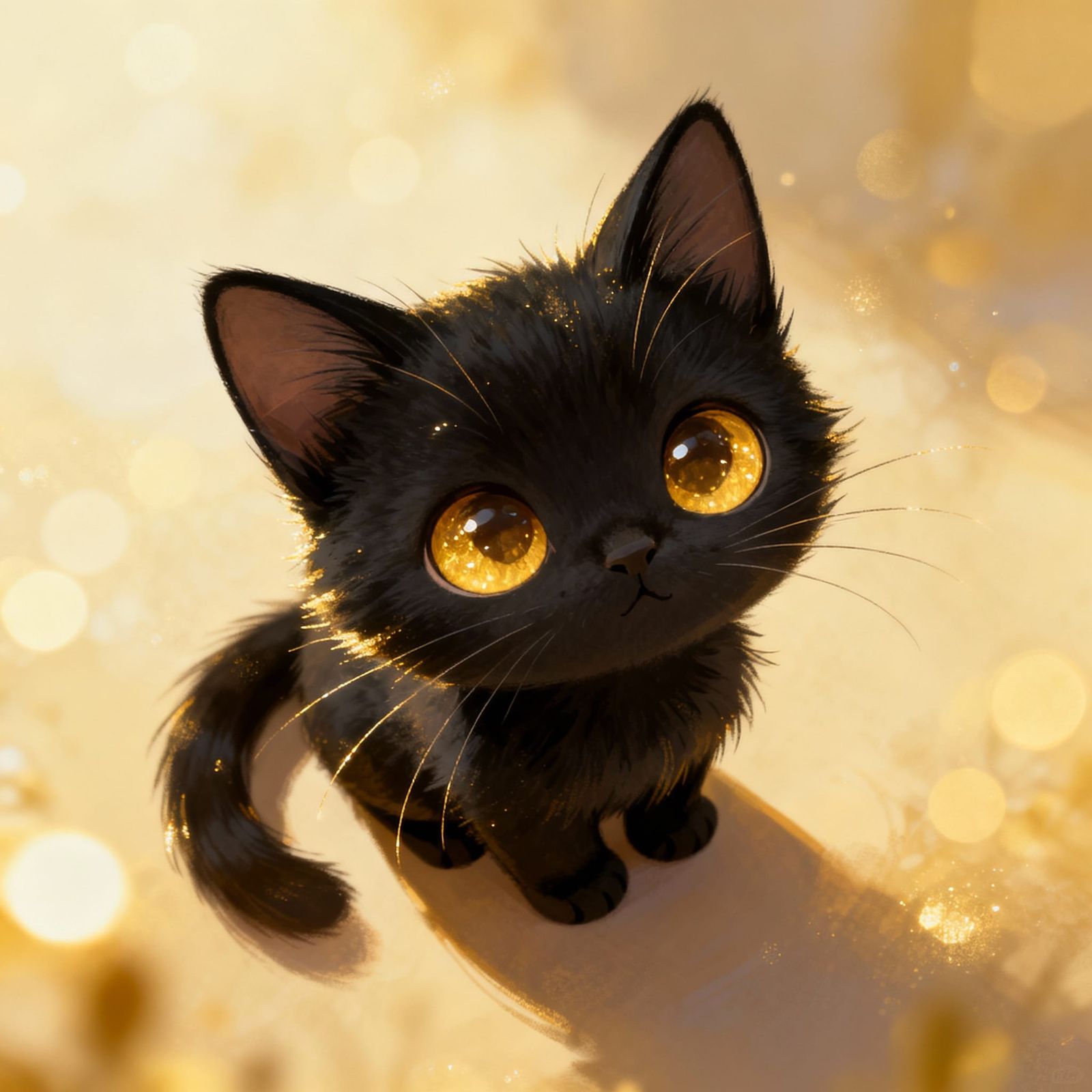 Tiny Chibi Black Kitten with Sparkling Golden Eyes