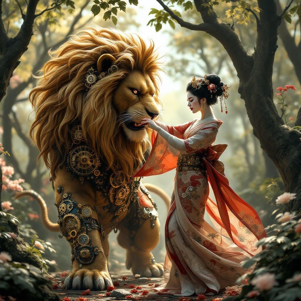 Geisha and Lion Dance in Steampunk Forest