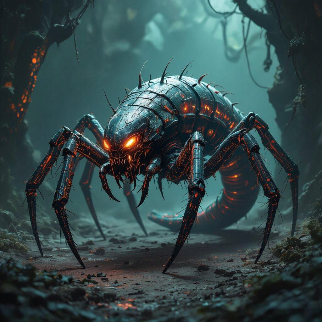 Serpent-Spider Hybrid Creature in Mystical Dark Environment