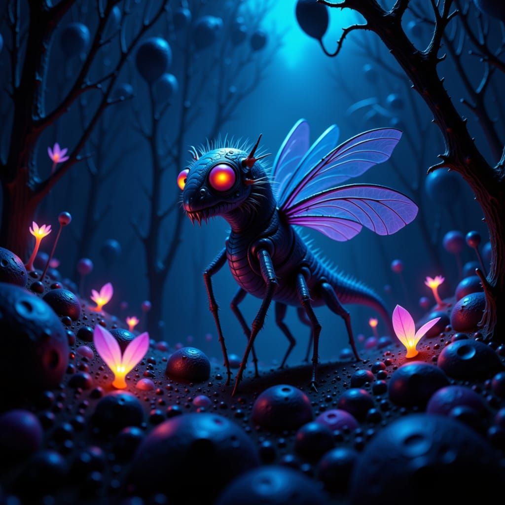 Fantastical Creature in Bioluminescent Forest, Luminous Fant...