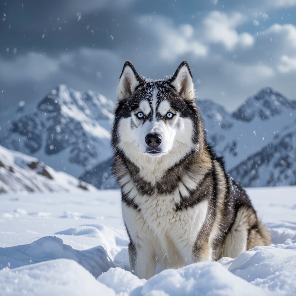 Majestic Husky Braves Fierce Blizzard in Rugged Mountains