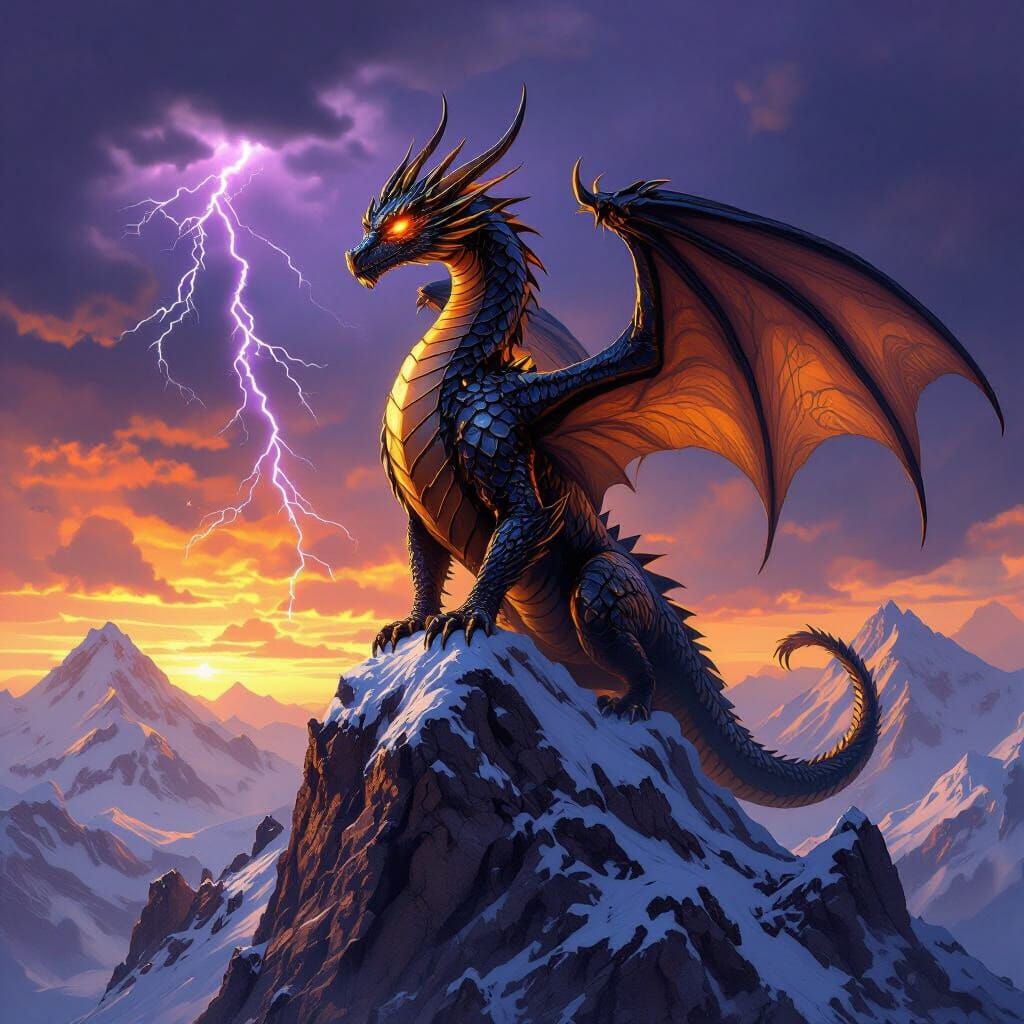 Obsidian Dragon on Snowy Peak in Epic Fantasy Style