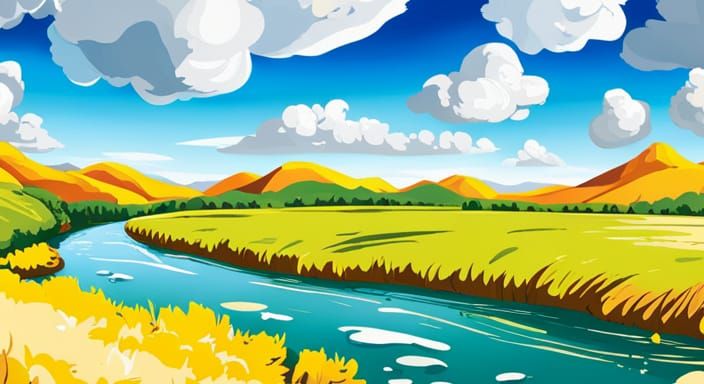 Anime Village by River in Fantasy Meadow