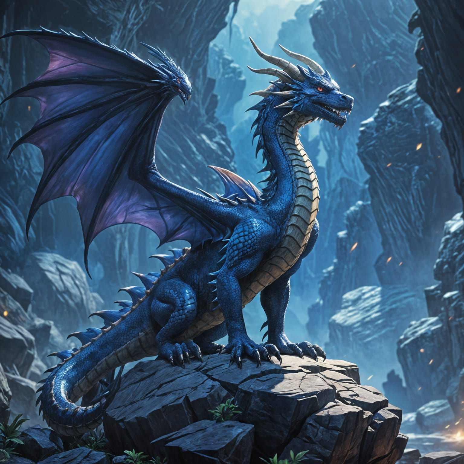 Epic Blue Dragon on Rock in Cinematic Style