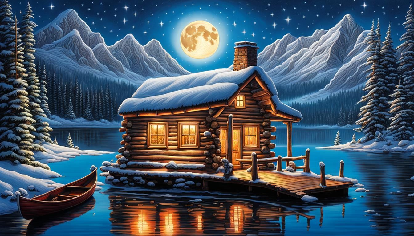 Snowy Log Cabin by Lake with Glittery Stars