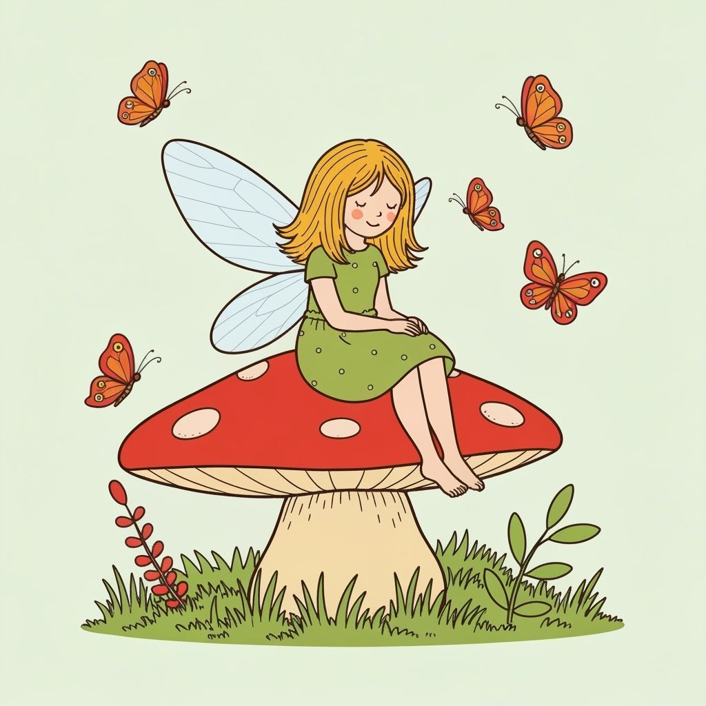 Cute Fairy on Mushroom Coloring Page for Kids