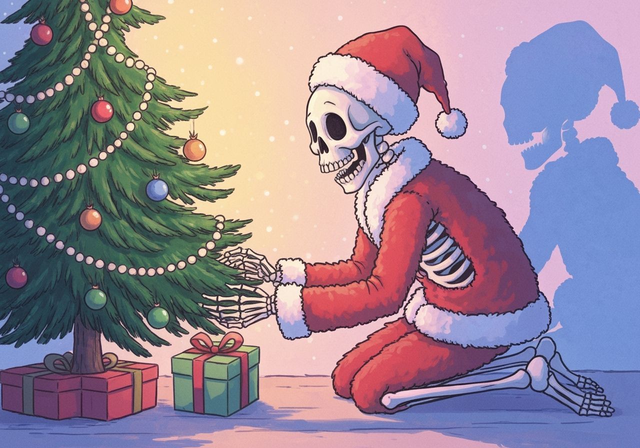 Skeleton Santa Placing Gift Under Christmas Tree