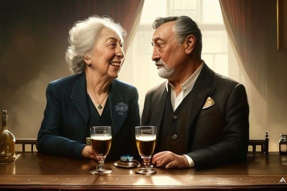 An elderly couple enjoy a drink