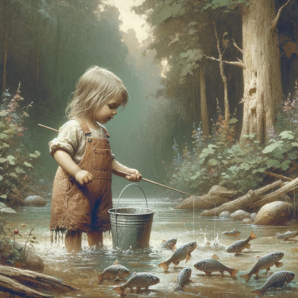 Caucasian Girl Catches Minnows in a Whimsical Forest Scene