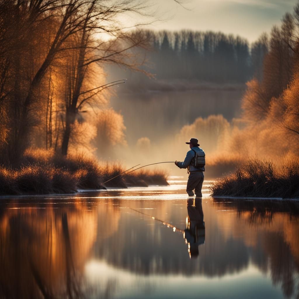 Epic River Fly Fisherman at Sunrise in Winter