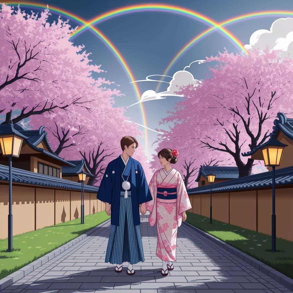 Serene Japanese Garden with Cherry Blossoms in Vibrant Manga...