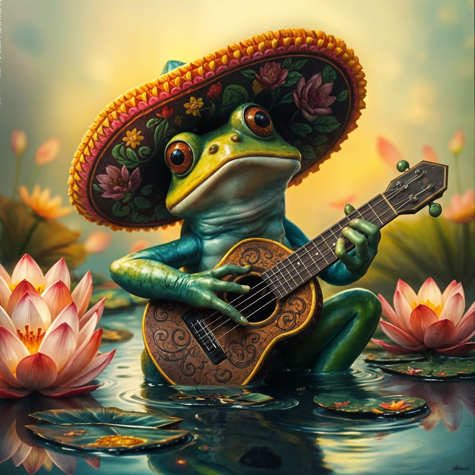 Frog in Sombrero Plays Guitar in Dreamlike Pond
