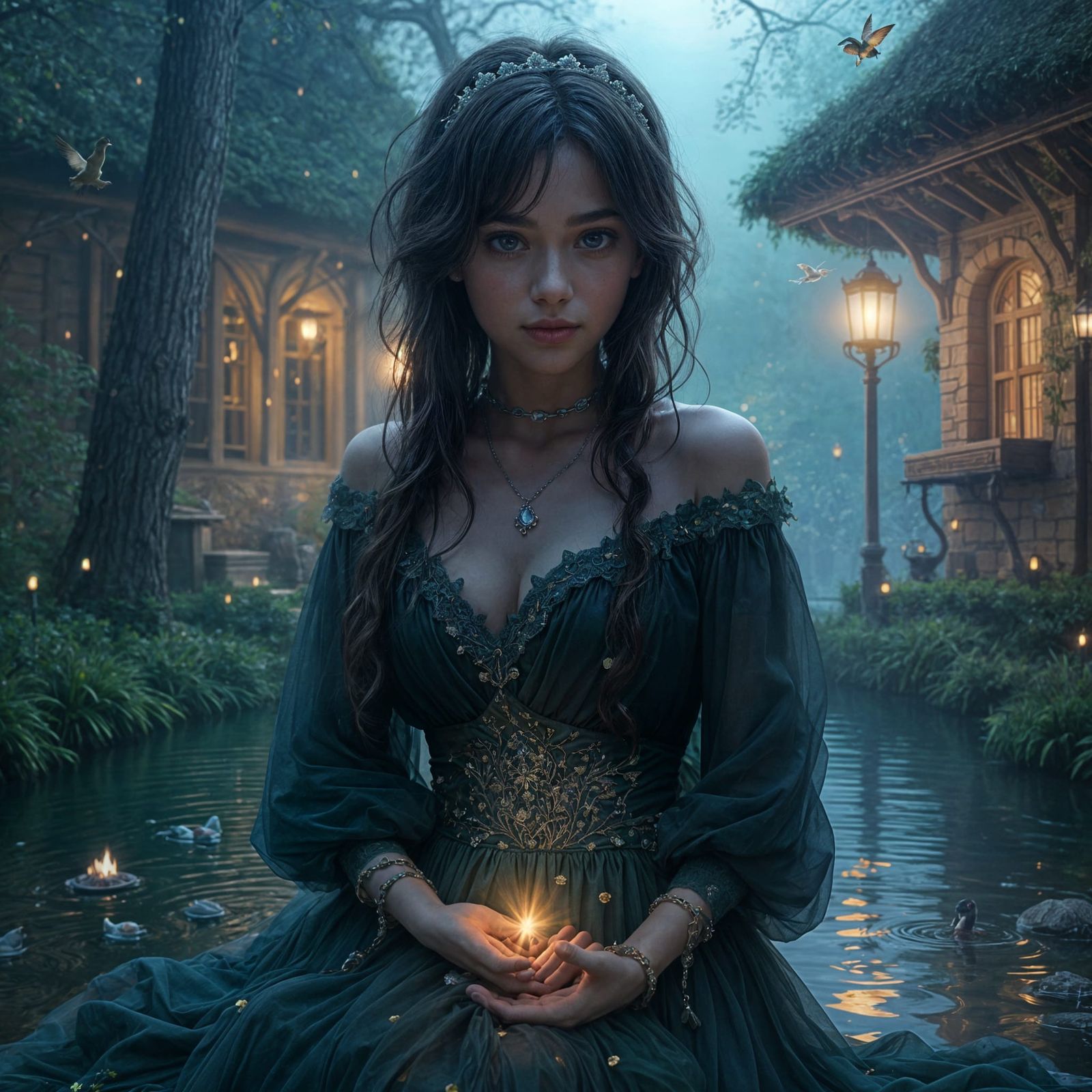 Teen Girl on Enchanted Hill Overlooking Magical Pond