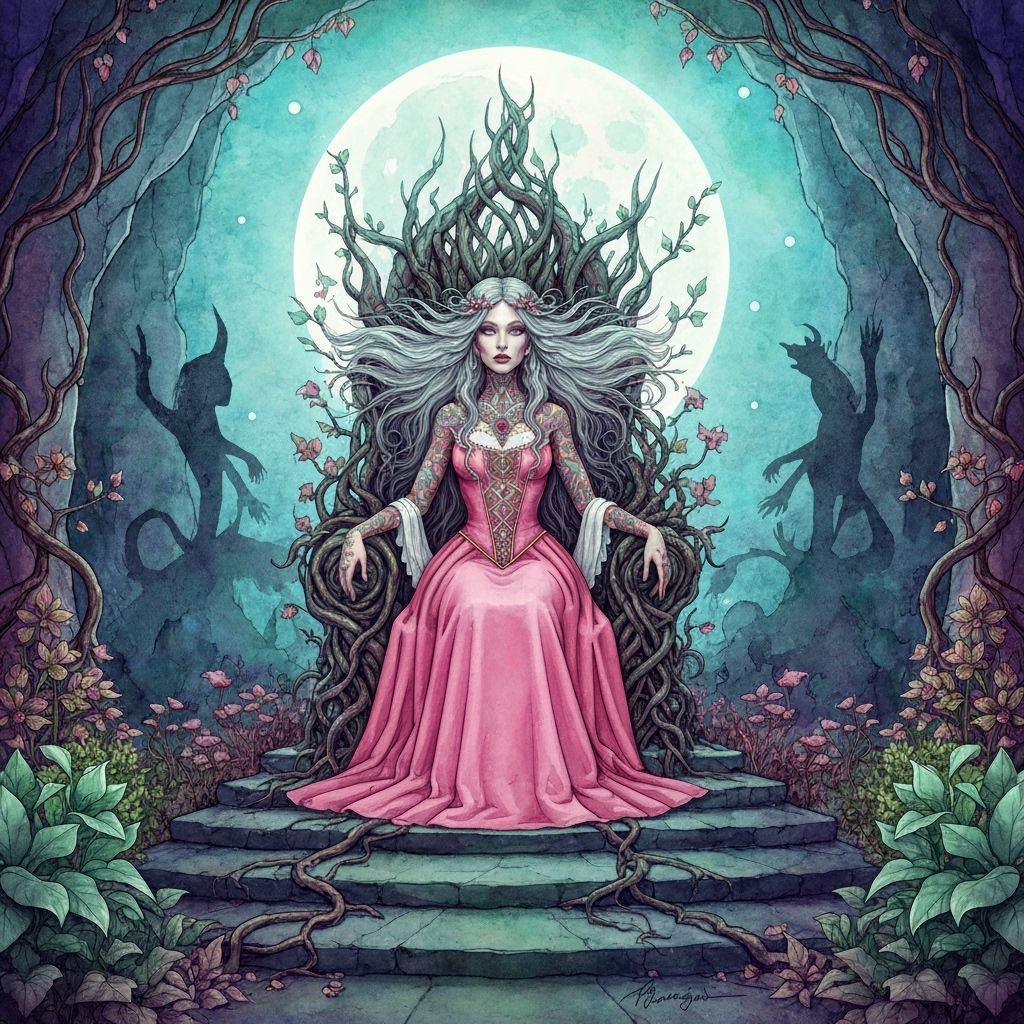 Goddess on Vine Throne in Surreal Watercolor Style
