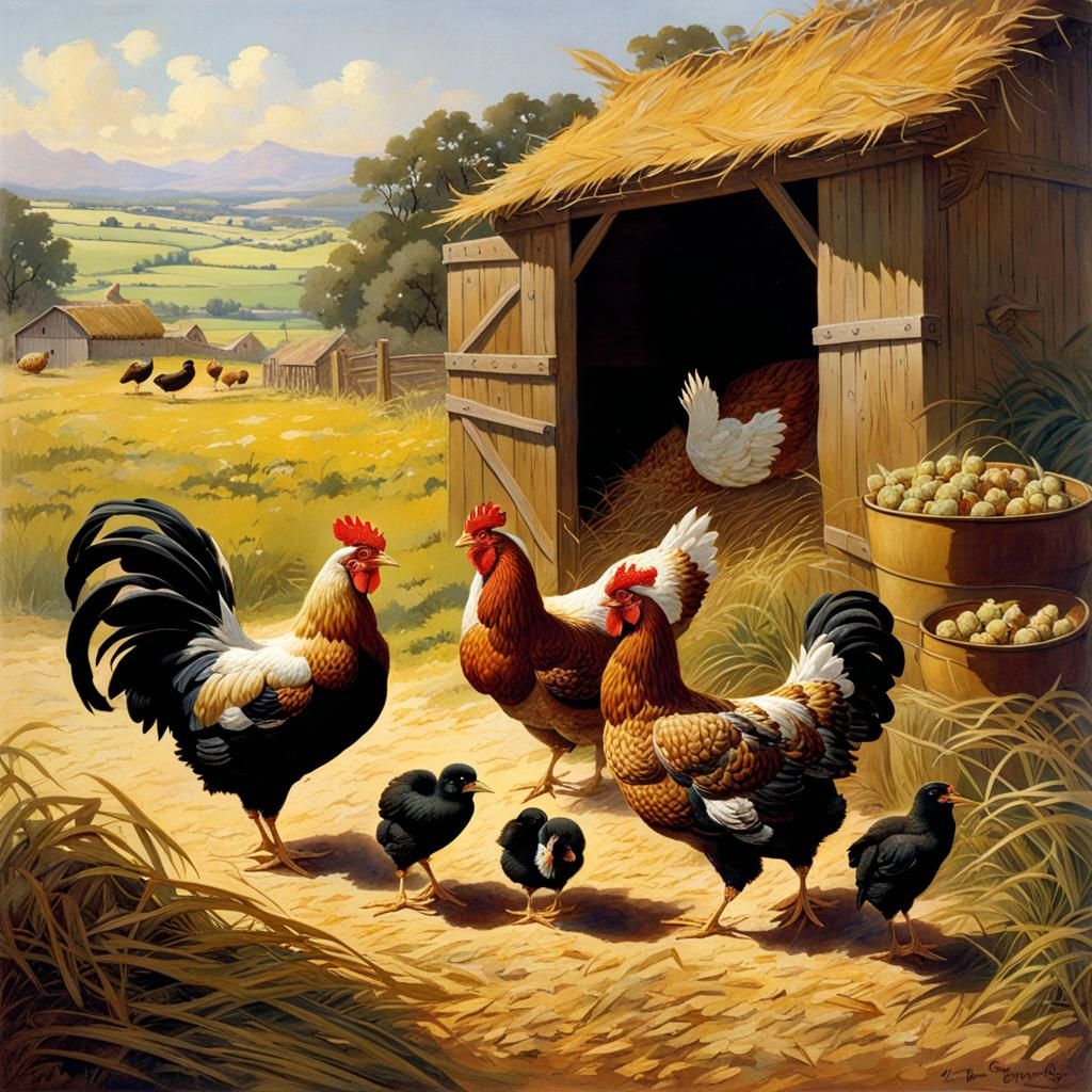 Hens and Chicks Feast: Farmyard Matte Painting