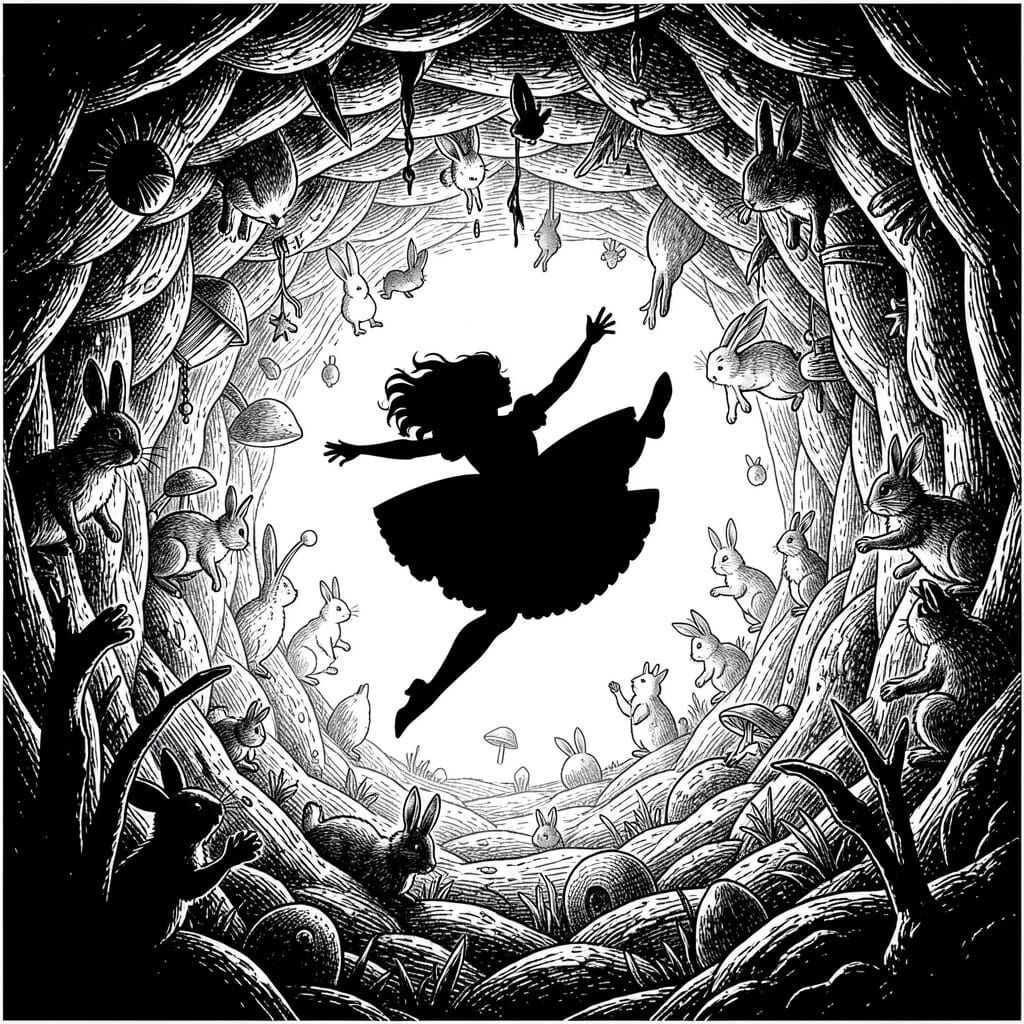 Alice Falling Down Victorian Rabbit Hole Line Art