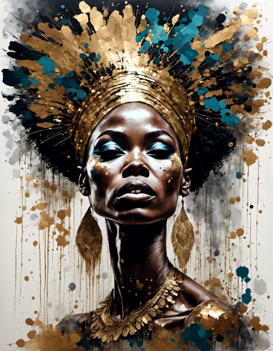 Woman Crying Gold Tears in Mixed Media Style